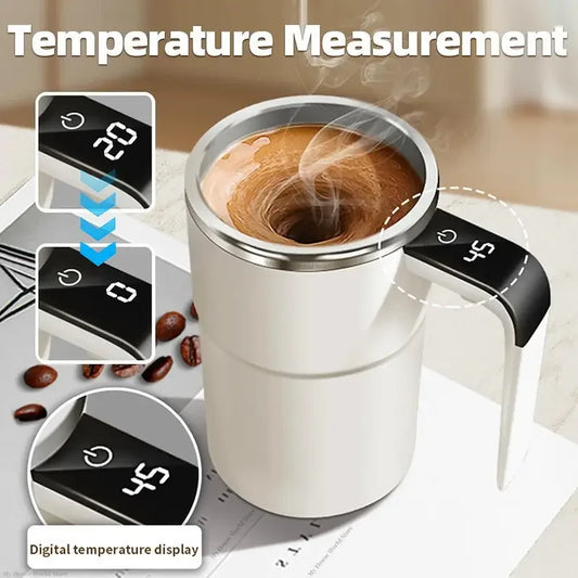 Self-stirring coffee mug with LED temperature display in white