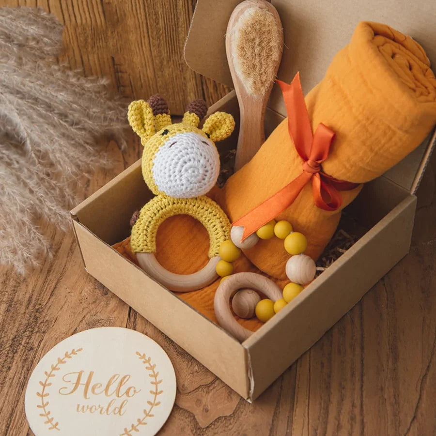 Cuddovia baby gift basket in pink, gray, yellow, and blue color options

