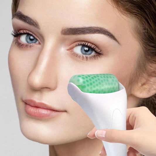 Chillura cooling face roller being rolled across cheek
