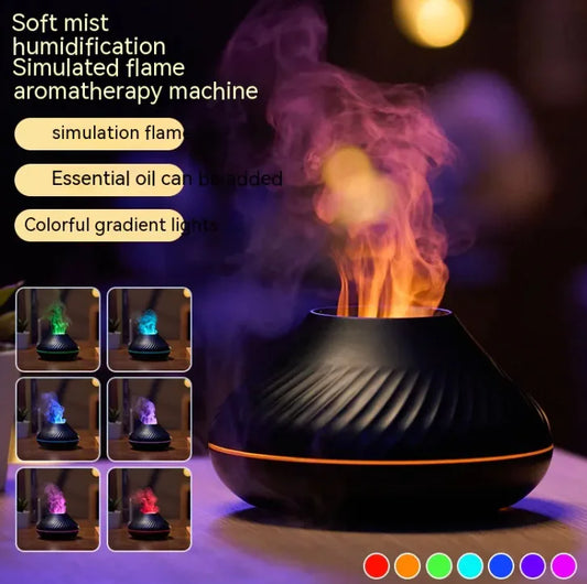 Flamira flame diffuser glowing with colorful mist effect in dark room