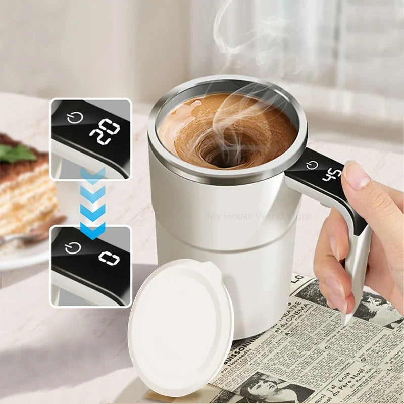 Automatic stirring mug showing LED temperature reading