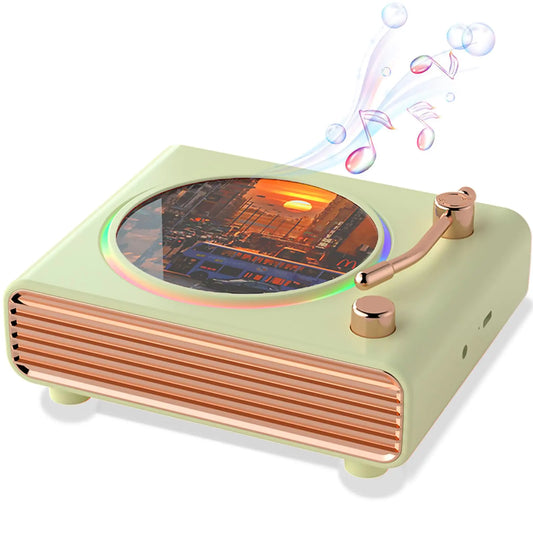 Spinova retro Bluetooth speaker with vinyl record player aesthetic full view