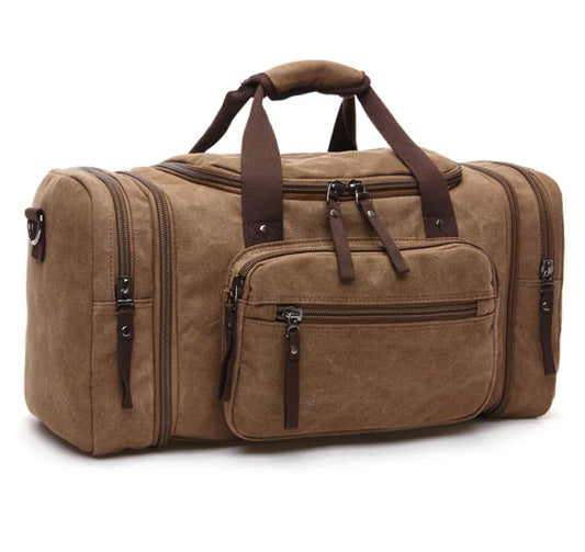 Travana large capacity canvas tote bag worn over shoulder